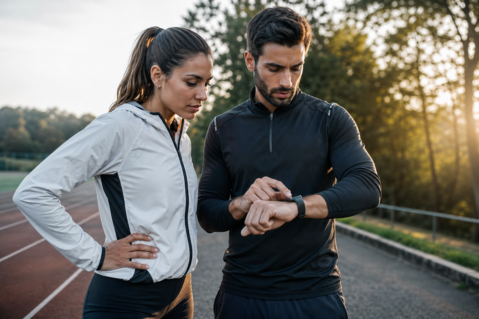 Two athletes checking a smartwatch before a run